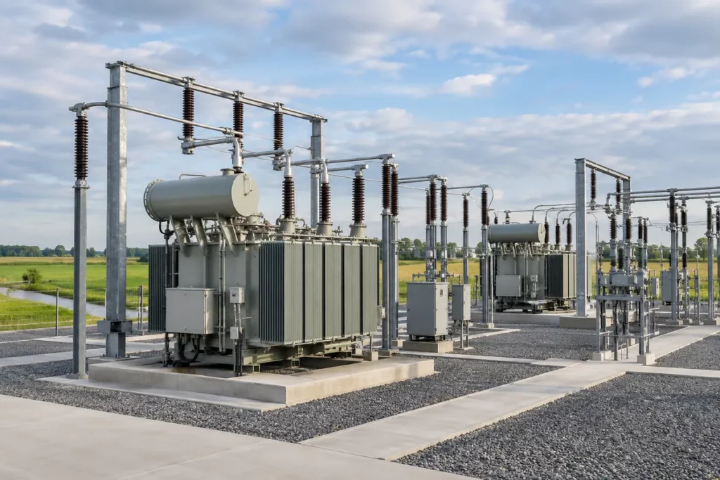 Illustratieve weergave van een 150 kV-hoogspanningsstation met transformatoren en schakelvelden.