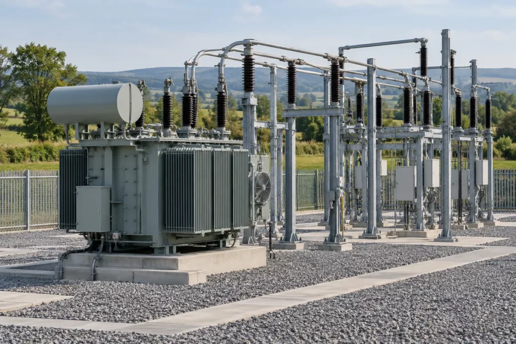 Illustratieve weergave van een 25 kV-onderstation met primaire en secundaire installaties.