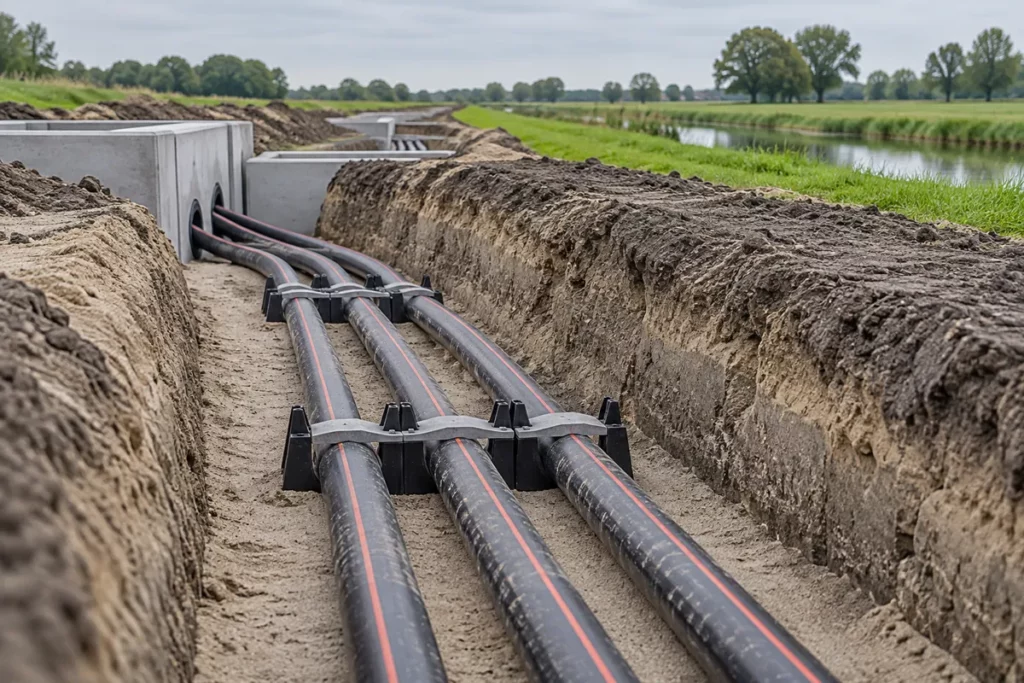 Illustratieve weergave van een middenspanningskabeltracé door het landschap.